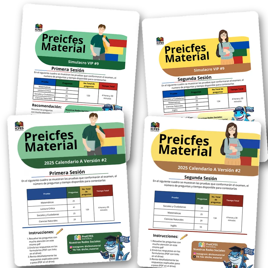Portadas de cuadernillos reales: Simulacro VIP #9 (sesiones 1 y 2) y cuadernillo 2025 Calendario A versión 2